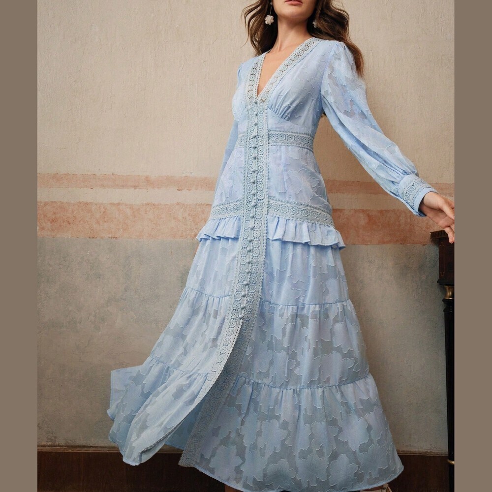 Sky Blue Floral Jacquard Crochet Trim Tiered Ruffle Maxi Dress